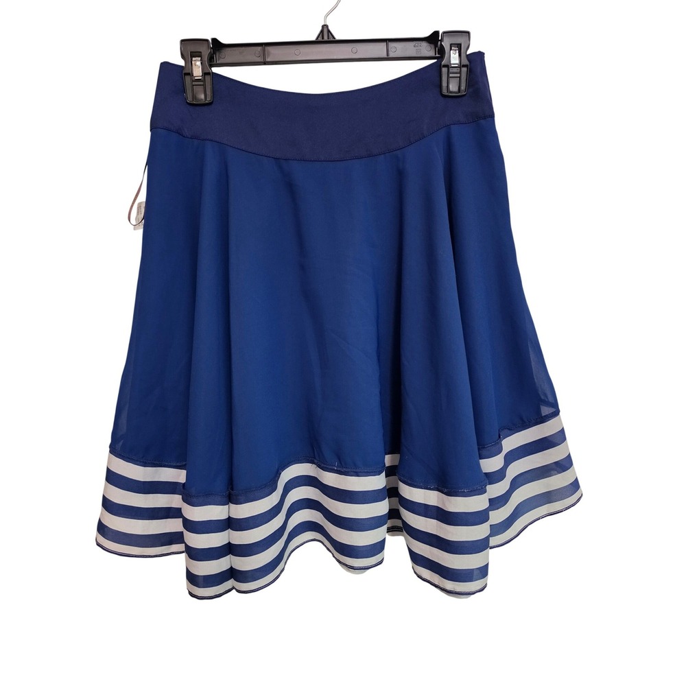 Women's Coastal Blue Flare Circle‎ Skirt Small White Striped Hem Nautical A-Line